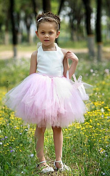 Flower Girl Halter Tiered Tulle Mini Dress With Lace Up