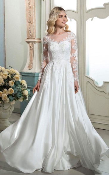 A-line Ethereal Elegant Lace Wedding Dress With Illusion Long Sleeves And Buttons Back