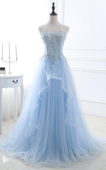 Lace Tulle Floor-length Sweep Train A Line Sleeveless Casual Prom Dress with Beading