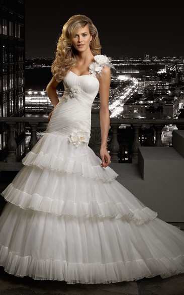 A-Line Floor-Length One-Shoulder Sleeveless Corset-Back Tulle Dress With Tiers And Flower