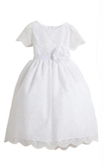 Short-sleeved A-line Embroidered Dress With Flower