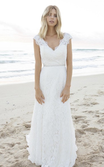 A-line Elegant Bohemian Lace Cap Sleeve Bridal Gown With V-neck And Keyhole