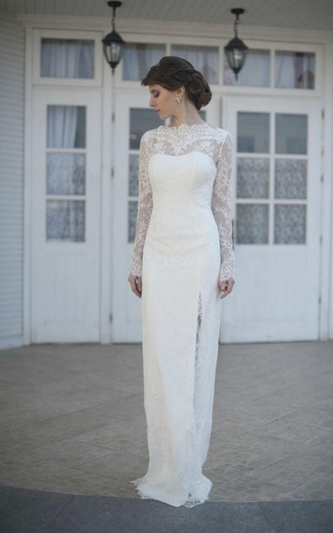 Long Sleeve Sheath Lace Dress With High Neck and Side Slit