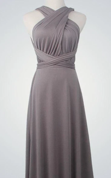 Backless Straped V Neck A-line Jersey Long Dress With Sash Silver