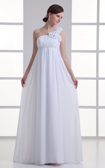 One-Shoulder Chiffon Long Empire Dress With Flower