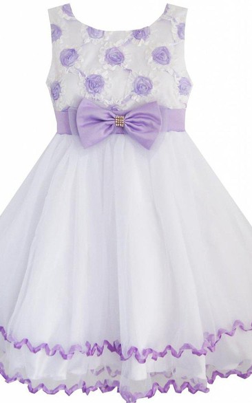 Sleeveless A-line Dress With Bow and Flowers