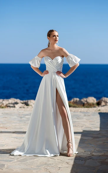 A Line Sweetheart Short Sleeve Court Train Satin Beach Wedding Dress with Split Front and Corset Back