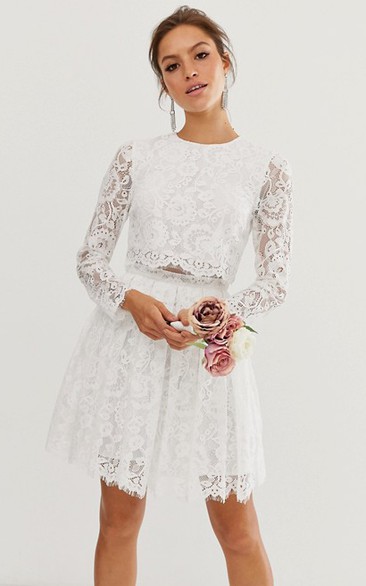 Casual Lace Two Piece Long-sleeve Short Wedding Dress