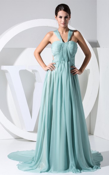 Side Illusion V-Neck Sweetheart Ruched Gown With Pleats and Zipper Back