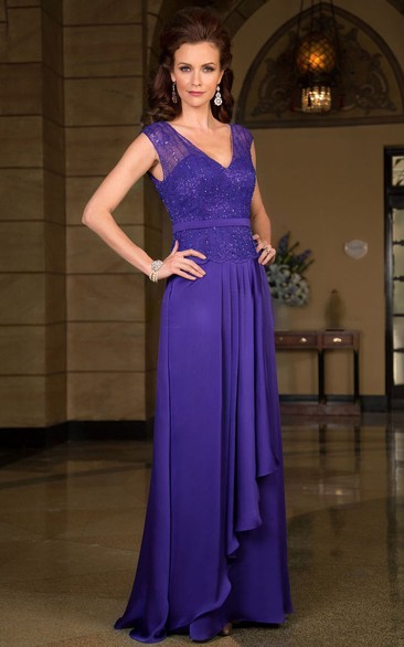Cap-Sleeved V-Neck Long Mother Of The Bride Dress With Ruffles And Beadings