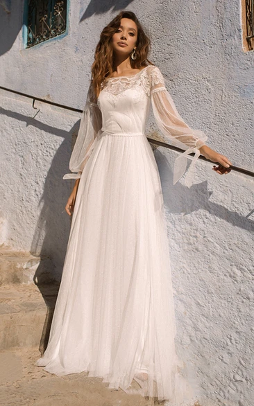 Elegant A Line Lace Bateau Sweep Train Wedding Dress with Ruching