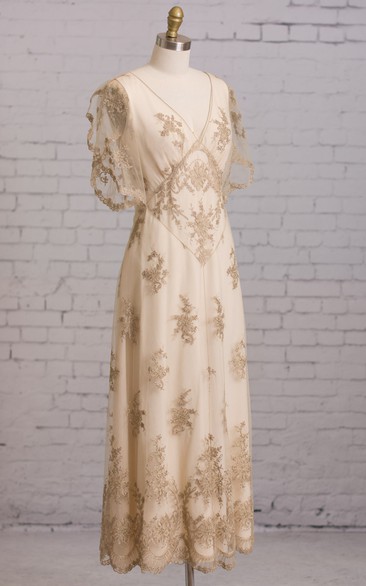 Sheath With Illusion Butterfly Sleeves V Back Embroidery Brush Train Dress