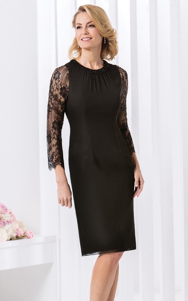 Pencil Scoop-Neck Long-Sleeve Knee-Length Lace Chiffon Mother Of The Bride Dress With Beading
