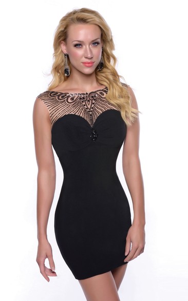 Sleeveless Bateau Neck Short Sheath Jersey Homecoming Dress Featuring Sequined Top