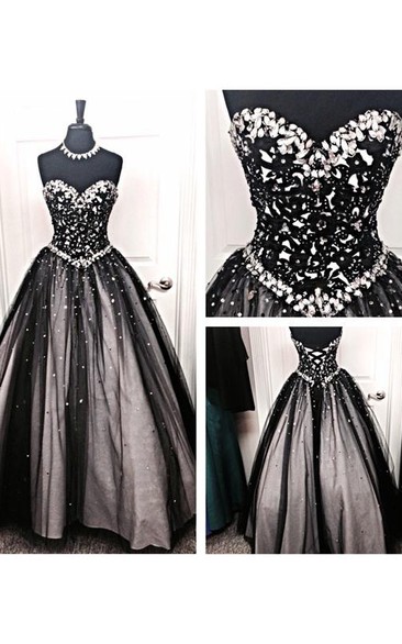 Ball Gown Long Sweetheart Sleeveless Bell Dropped Beading Lace-Up Back Tulle Lace Dress
