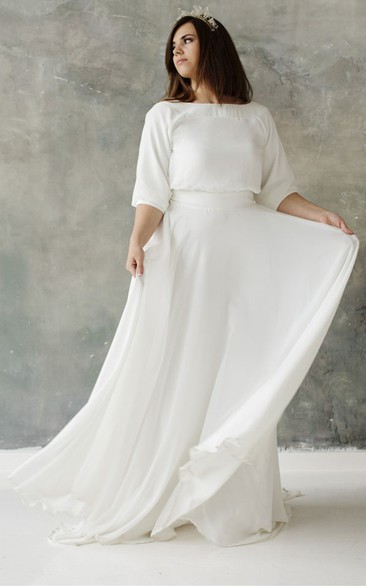Modest Plus Size A Line Half Sleeve Chiffon Wedding Dress 