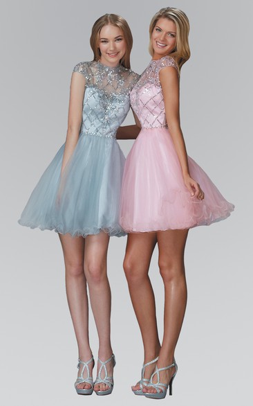 A-Line Short Jewel-Neck Cap-Sleeve Tulle Dress With Sequins And Ruffles