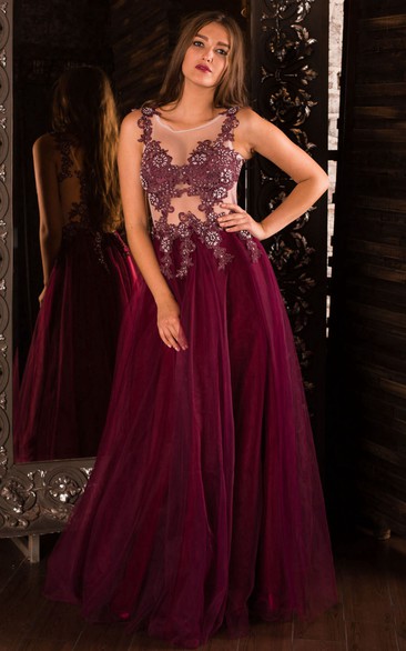 A-Line Floor-Length Jewel Sleeveless Tulle Beading Appliques Lace-Up Dress