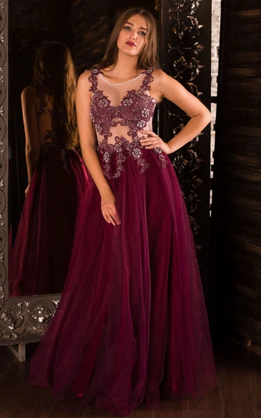 A-Line Floor-Length Jewel Sleeveless Tulle Beading Appliques Lace-Up Dress
