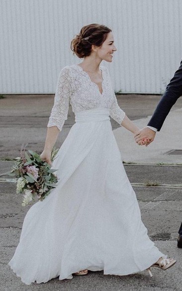 Ethereal Chiffon and Lace Scalloped 3/4 Sleeve Wedding Dress with ruching