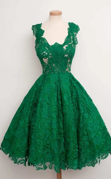 Cap Sleeve Scoop Neck A-line Knee Length Lace Dress
