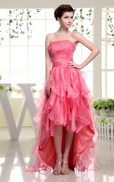 Strapless High-Low Organza Dress With Cascading Ruffles