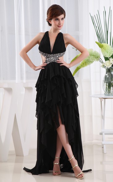Sexy High-Low Ruched Dress With Beading and Keyhole