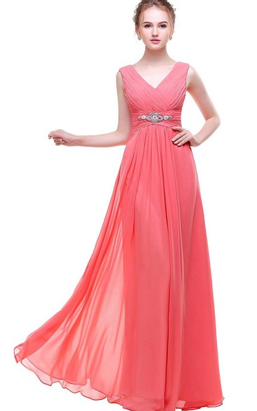 Pink Empire V-neck Beaded A-line Chiffon Dress With Low-v Back