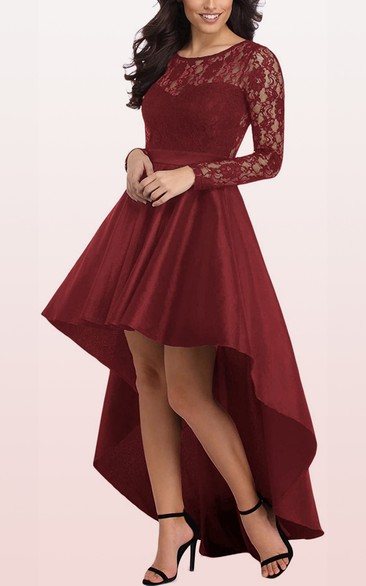 Taffeta Lace High-Low A Line Long Sleeve Casual Sexy Dress with Ruffles