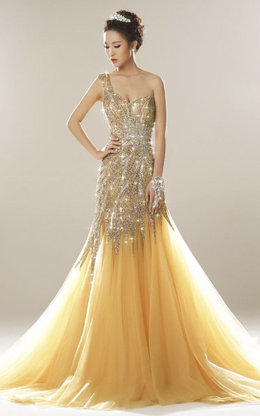 One Shoulder Beaded Open Back Luxury Tulle Mermaid Dress With Appliques