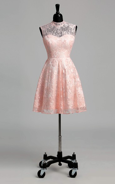 Simple A-line High Neck Sleeveless Short/Mini Lace Dress