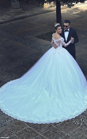 Newest Long Sleeve Tulle Princess Wedding Dress Appliques