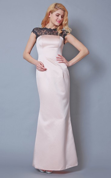 Noble Lace Cap-sleeved Sheath Satin Gown With Back Split