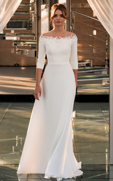 Simple Off-the-shoulder Sheath Sweep Train 3/4 Length Sleeve Modest Wedding Dress With Appliques