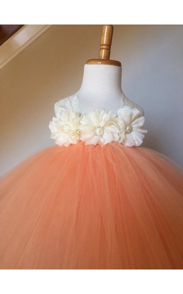 Halter Empire Floral Bodice Tulle Ball Gown With Bow