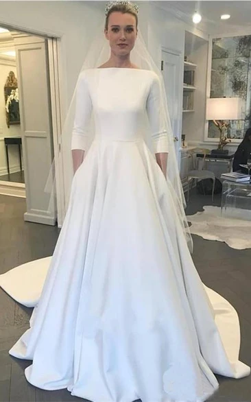 Modest Satin A-line 3/4 Sleeve Simple Wedding Dress with Full Covered Back