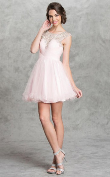 A-Line Short Scoop-Neck Cap-Sleeve Tulle Keyhole Dress With Beading And Criss Cross