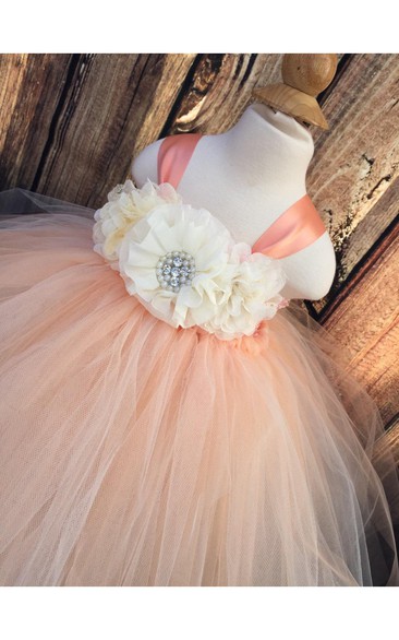 Empire Floral Bodice Ruffled Tulle Ball Gown With Beadings