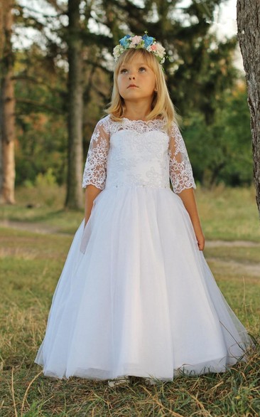 Flower Girl Scalloped Neck Tulle Gown With Illusion Sleeve