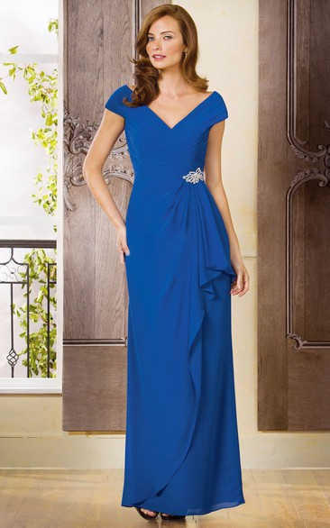 Cap-Sleeved V-Neck Long Mother Of The Bride Dress With Ruffles And Brooch