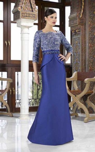 Floor-Length 3-4 Sleeve Square Neck Appliqued Satin Mother Of The Bride Dress