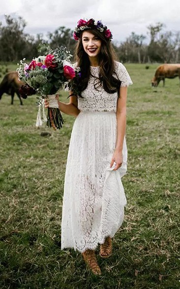 Jewel T-shirt Short Sleeve Ankle-length Lace A-Line Sheath Wedding Dress