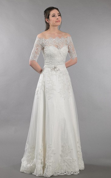 A-Line Off-The-Shoulder Lace Dress With Open Back and Beadings