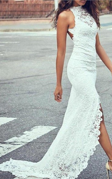 Sexy Lace Sheath Halter Sleeveless Keyhole Long Beach Wedding Dress