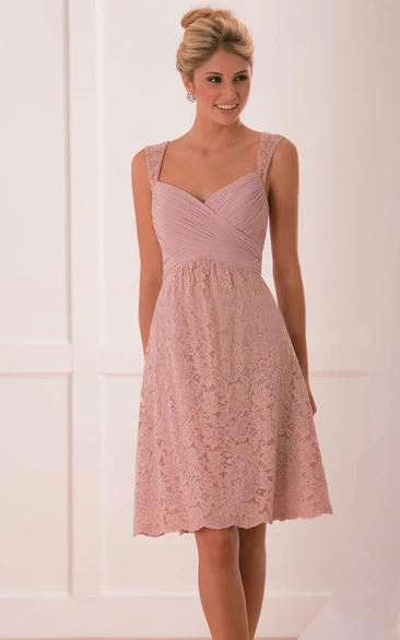 Cap-Sleeved A-Line Short Lace Blush Bridesmaid Dress With Crisscross Ruches