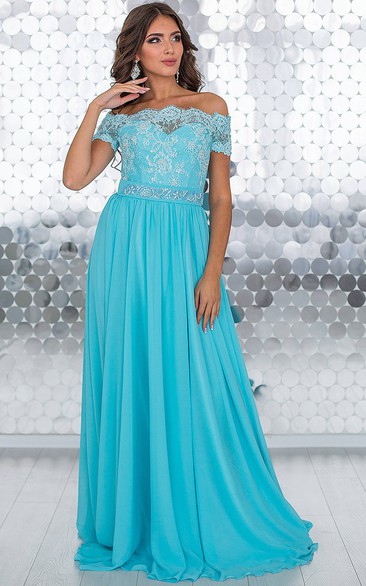 A-Line Floor-Length Off-The-Shoulder Short Sleeve Chiffon Lace Pleats Lace-Up Dress