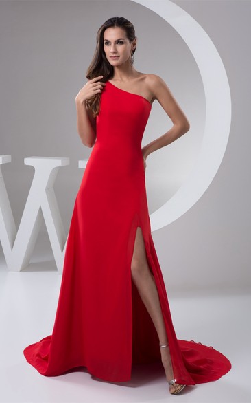 One-Shoulder Sheath Front-Split Dress With Sweep Train