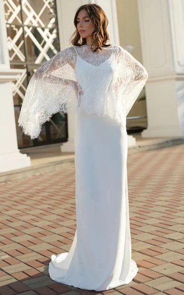 Simpe Chiffon Sheath Wedding Dress with Lace Cape Top