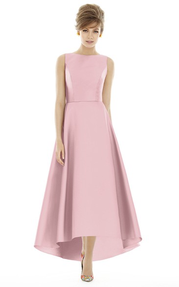 High-Low Jewel Sleeveless Satin Dress with V-Back and Ruching