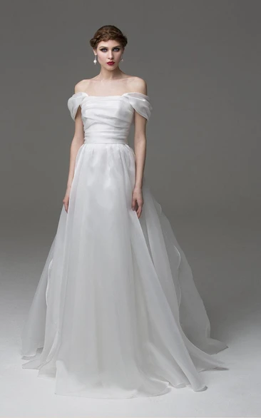 Off-The-Shoulder A-Line Organza Dress With Lace-Up Back and Ruching